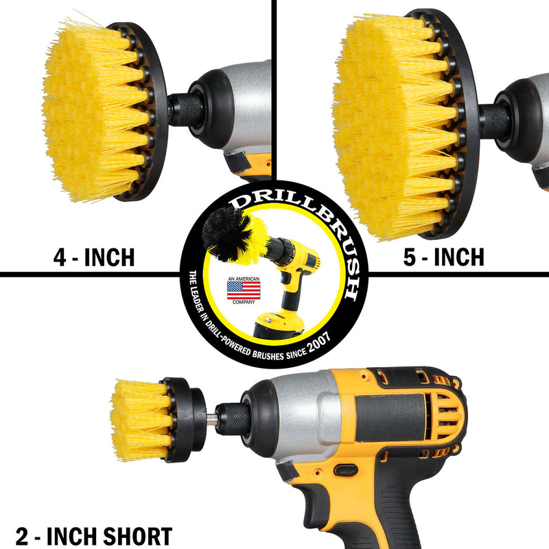 Drillbrush Medium Yellow 5 inch, 4 inch, and 2 inch Short brushes in cordless drills.