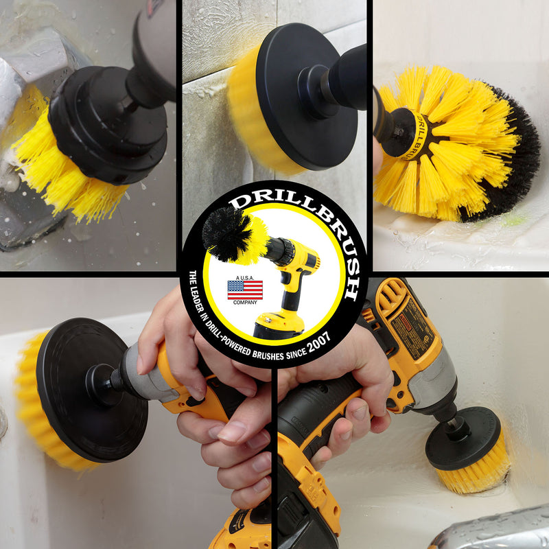 Action images of a Medium Yellow 2 inch Short Detial Drillbrush cleaning a tub overflow plate, a 4 inch Flat brush scrubbing a tiled wall, an Original Drillbrush scrubbing a shower shelf, and a 5 inch Flat and Cone-shaped Corner brush scrubbing around a shower and bathtub.