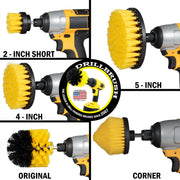 Medium Yellow Original, 4 inch Flat, 5 inch Flat, Cone-shaped Corner, and 2 inch Short Detail Drillbrush brushes each installed on a cordless drill.