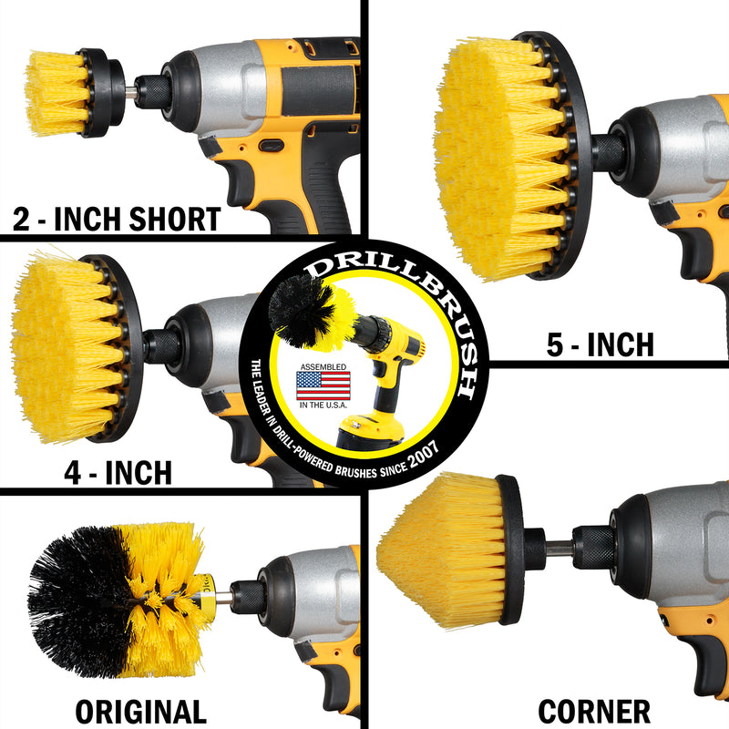 Medium Yellow Original, 4 inch Flat, 5 inch Flat, Cone-shaped Corner, and 2 inch Short Detail Drillbrush brushes each installed on a cordless drill.