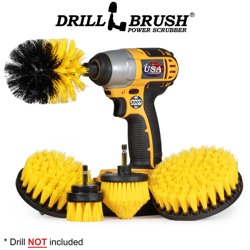 Medium Yellow Original, 4 inch Flat, 5 inch Flat, Cone-shaped Corner, and 2 inch Short Detail Drillbrush brushes pictured with a cordless drill.