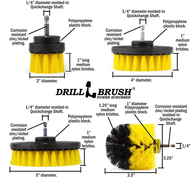 Technical specs and dimensions for the Medium Yellow 2 inch Short Detail, 4 inch Flat, 5 inch Flat, and Original Corner brushes.