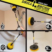 Action shots of a Medium Yellow Original brush in a 7 inch extension cleaning the base of a toilet, a Medium Yellow 2 inch Short Drillbrush in a 7 inch extension cleaning a showerhead, a Medium Yellow 4 inch Drillbrush in a 7 inch extension cleaning the outside of a tub, and a Medium Yellow 5 inch Drillbrush in a 7 inch extension cleaning the floor of a tub.