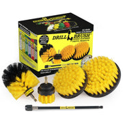 The Drillbrush 542O-7X Red Stiff Outdoor & Patio Brush Kit in front of the box it comes in.