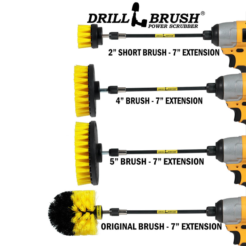 Images of the Drillbrush 2 inch Short, 4 inch, 5 inch, and Original Medium Yellow Bathroom Brushes in 7 inch extensions in cordless drills.