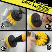 Action shots of a Medium Yellow Original brush cleaning a shower shelf, a Medium Yellow 2 inch Short Drillbrush cleaning an overflow plate, a Medium Yellow 4 inch Drillbrush cleaning tile grout, and a Medium Yellow 5 inch Drillbrush cleaning a tub wall.