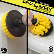 Action shots of a Medium Yellow Original brush cleaning a shower shelf and a Medium Yellow 5 inch Drillbrush cleaning a tub wall.