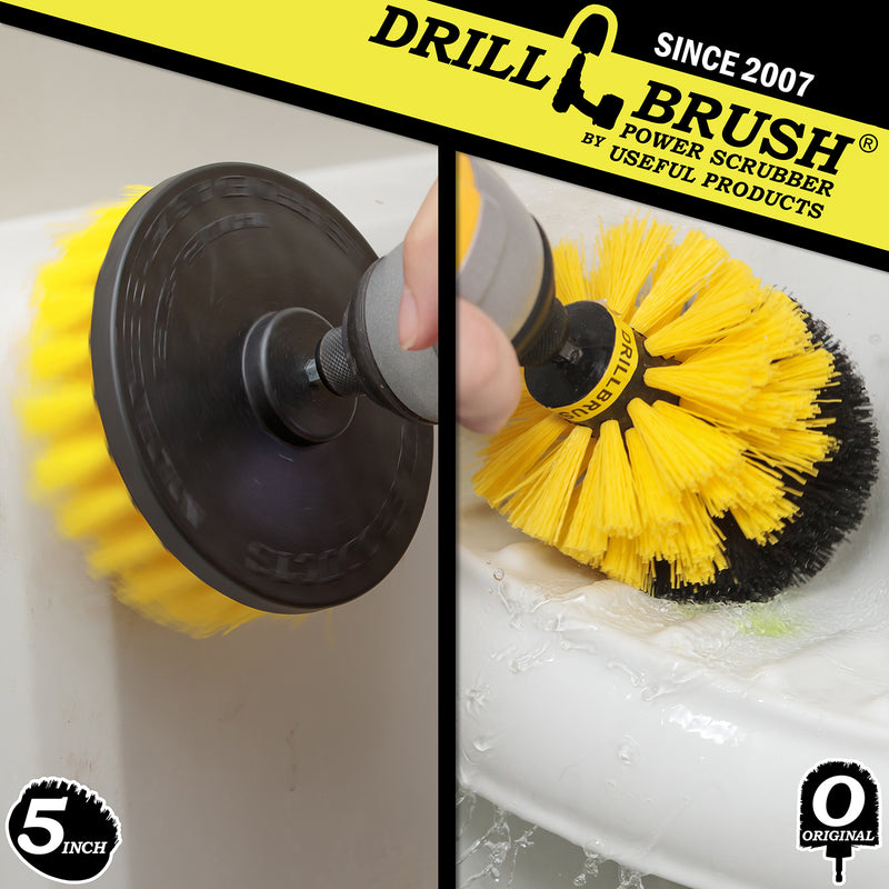 Action shots of a Medium Yellow Original brush cleaning a shower shelf and a Medium Yellow 5 inch Drillbrush cleaning a tub wall.
