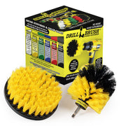 Drillbrush Medium Yellow 5O Bathroom Brush Kit in front of the box it comes in.