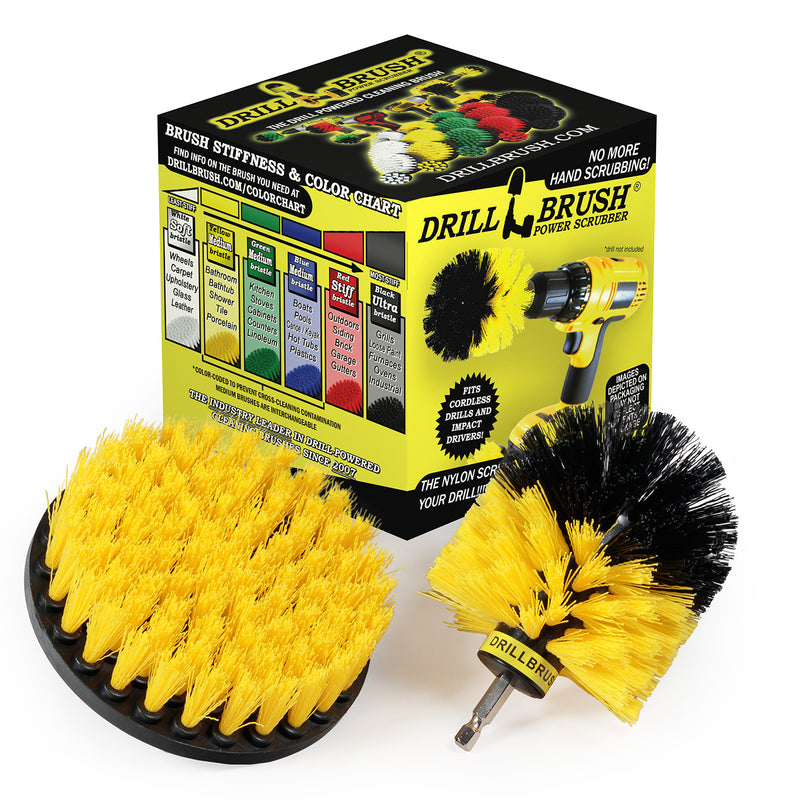 Drillbrush Medium Yellow 5O Bathroom Brush Kit in front of the box it comes in.