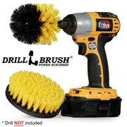 Drillbrush 5O Medium Yellow Bathroom Brush Kit with an Original brush in a cordless drill.