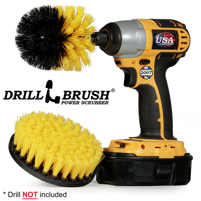 Drillbrush 5O Medium Yellow Bathroom Brush Kit with an Original brush in a cordless drill.