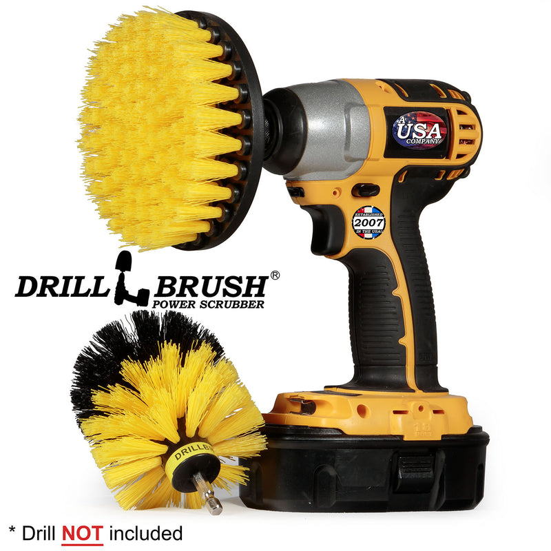 Drillbrush 5O Medium Yellow Bathroom Brush Kit with a 5 inch brush in a cordless drill.