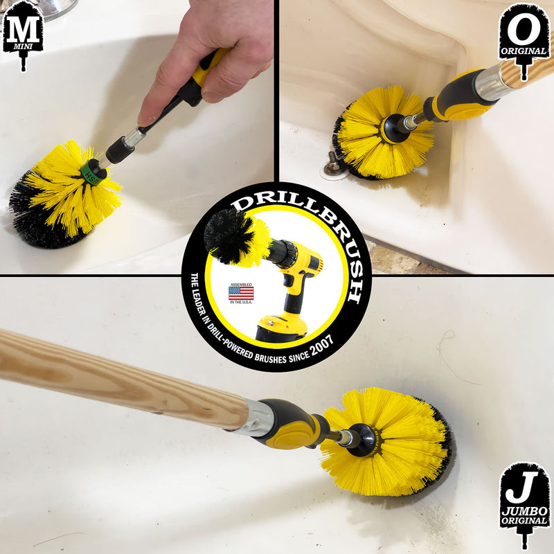 Jumbo, Original, and Mini Brushes w/ Handle Kit - Medium Yellow Bristles - Bathroom Cleaning | Y-S-JOM-HD-QC-DB