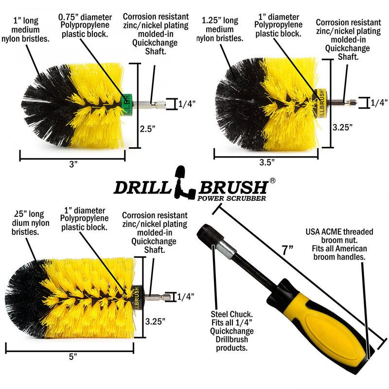 Jumbo, Original, and Mini Brushes w/ Handle Kit - Medium Yellow Bristles - Bathroom Cleaning | Y-S-JOM-HD-QC-DB