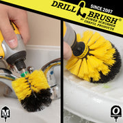 Action shots of a Medium Yellow Original brush cleaning a shower shelf and a Medium Yellow Mini Drillbrush cleaning a sink fixture.