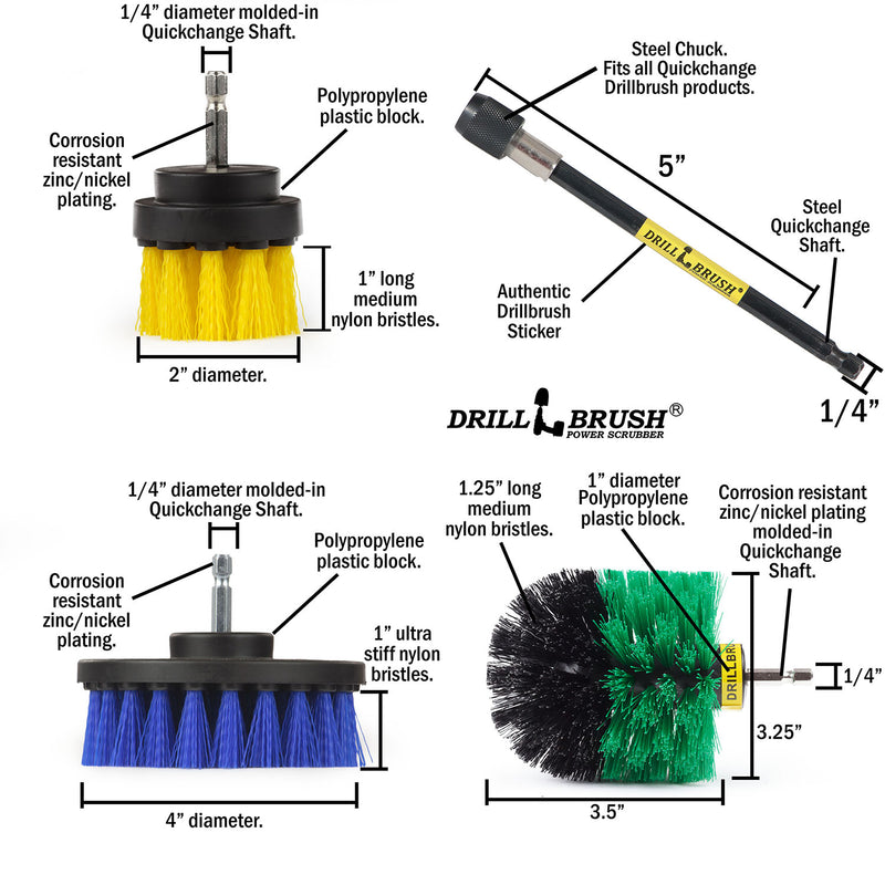 Original, 4 inch, and 2 inch Short Brushes with 5 inch Extension - Medium Bristles - General Cleaning | Y2-GO-B4-S-5X-QC-DB