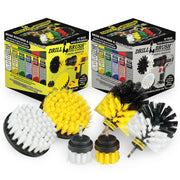 The Drillbrush 42O Soft White Home & Auto Brush Kit and 42O Medium Yellow Bathroom Brush Kit in front of the boxes they come in.