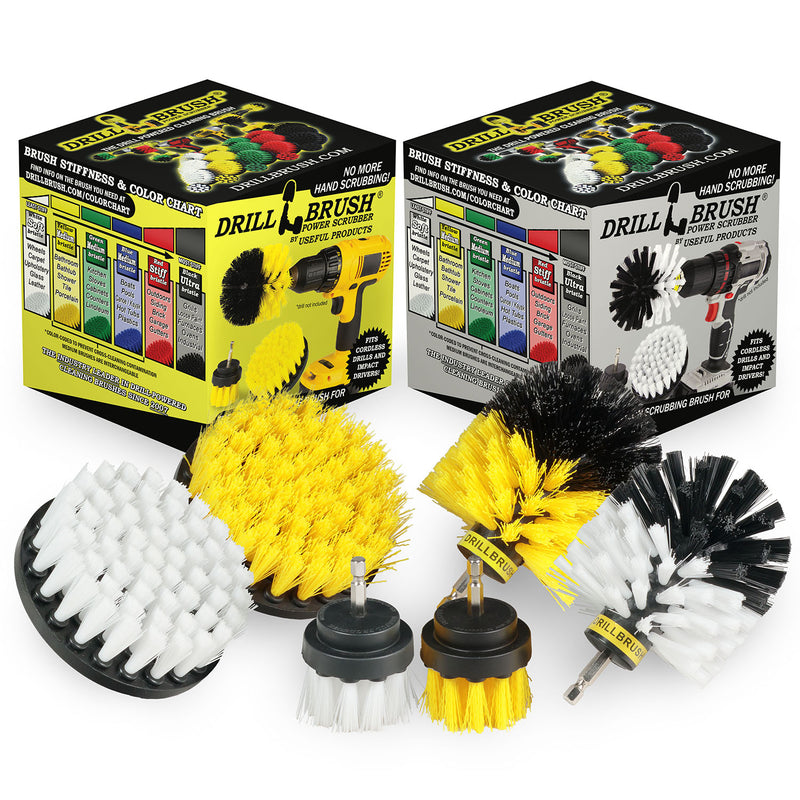 The Drillbrush 42O Soft White Home & Auto Brush Kit and 42O Medium Yellow Bathroom Brush Kit in front of the boxes they come in.