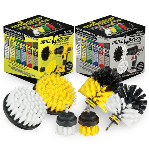 The Drillbrush 42O Soft White Home & Auto Brush Kit and 42O Medium Yellow Bathroom Brush Kit in front of the boxes they come in.