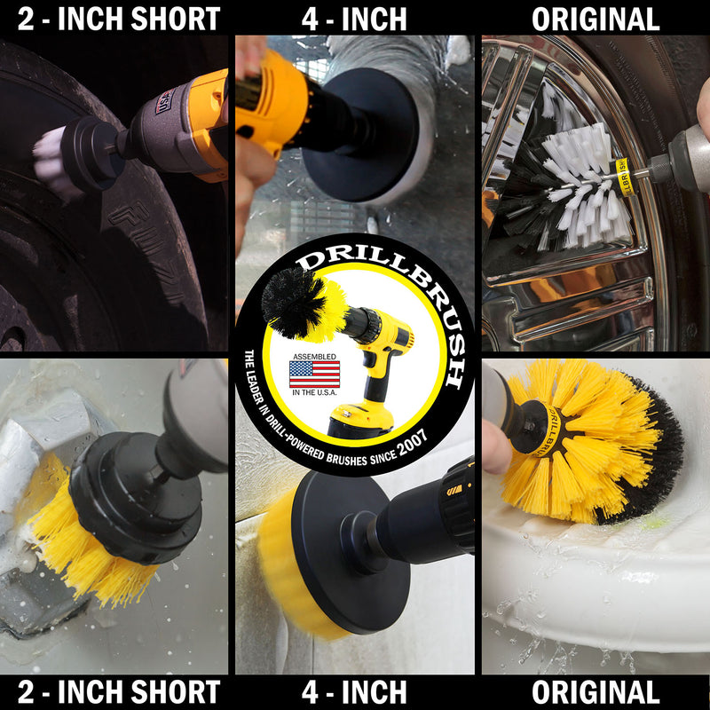 Drillbrush action shots of a Soft White 2 inch Short brush cleaning tires, a Soft White 4 inch brush scrubbing windows, a Soft White Original brush scrubbing rims, a Medium Yellow 2 inch Short cleaning a tub overflow plate, and Medium Yellow 4 inch brush cleaning bathroom tile, and a Medium Yellow Original brush cleaning shower shelving.