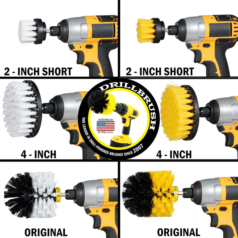 Drillbrush Soft White and Medium Yellow 2 inch Short, 4 inch, and Original brushes depicted in cordless drills.
