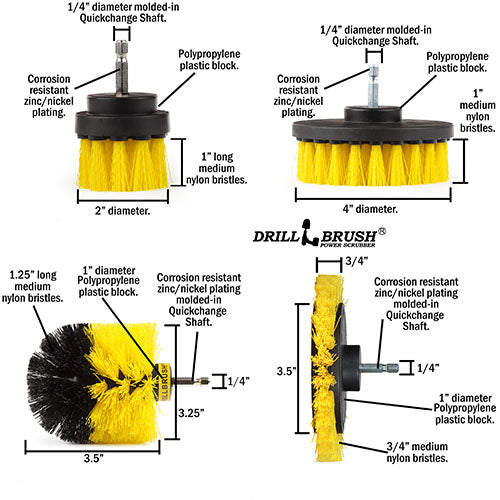 Edge, Original, 4in, & 2in Yellow Brushes w/4in Pads - Medium - Bathroom & Tub | S-YE42O-P4-WRB-3V-QC-DB