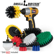 The Drillbrush 9-piece kit featuring Soft White Cone and 4 inch brushes, Medium Yellow Edge and Original brushes, Medium Green 5 inch brush, Medium Blue 2 inch Long brush, Stiff Red 2 inch Short and Mini Original brushes, and Ultra Stiff Jumbo Original brush in a cordless drill.