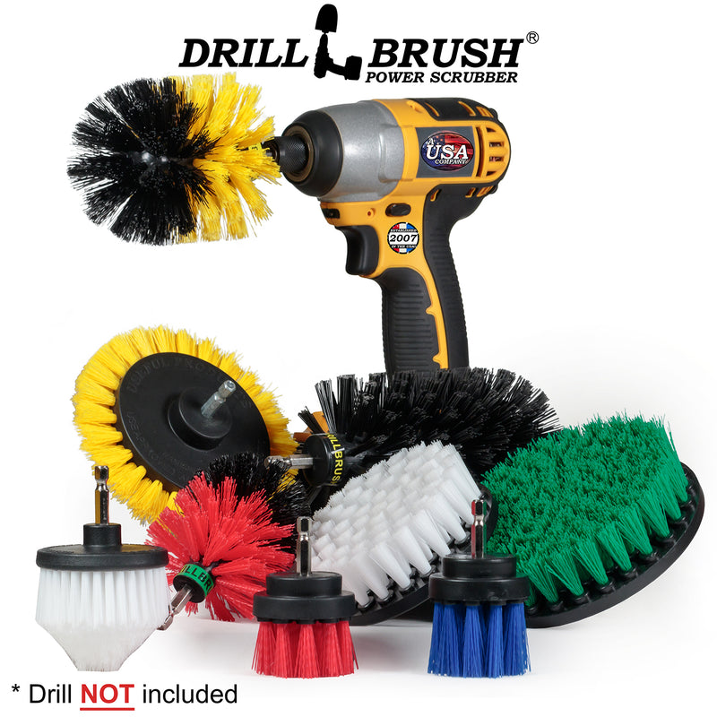 The Drillbrush 9-piece kit featuring Soft White Cone and 4 inch brushes, Medium Yellow Edge and Original brushes, Medium Green 5 inch brush, Medium Blue 2 inch Long brush, Stiff Red 2 inch Short and Mini Original brushes, and Ultra Stiff Jumbo Original brush in a cordless drill.
