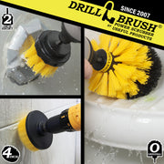 Action shots of a Medium Yellow Original brush cleaning a shower shelf, a Medium Yellow 2 inch Short Drillbrush cleaning an overflow plate, and a Medium Yellow 4 inch Drillbrush cleaning tile grout.