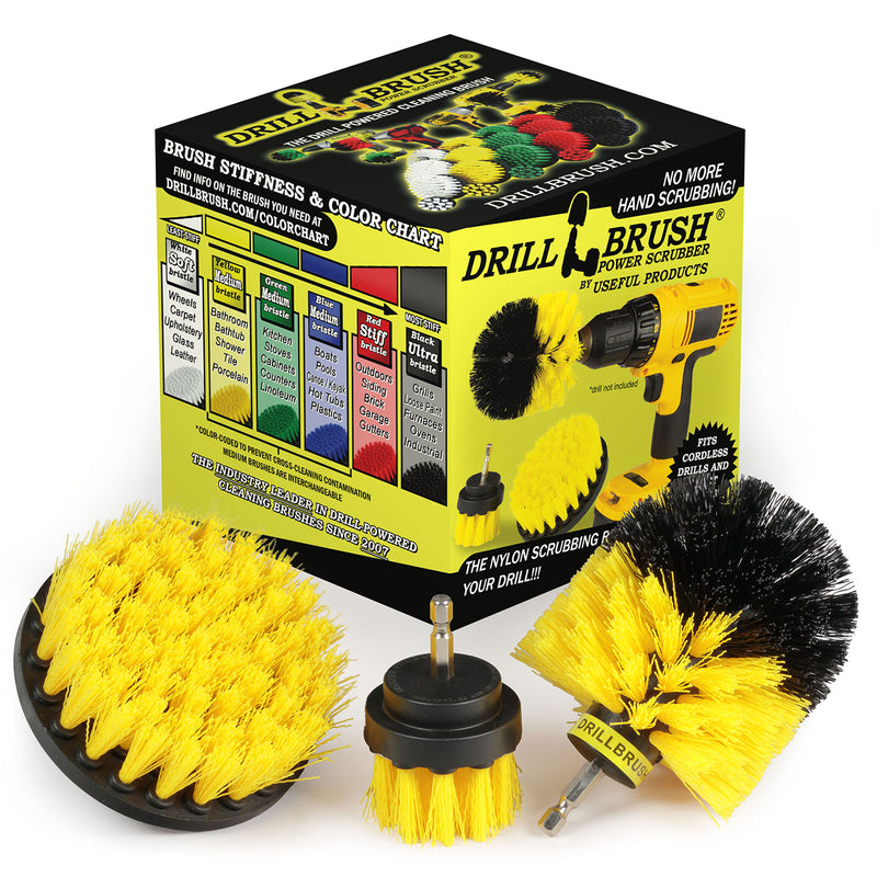 The Drillbrush 42O Medium Yellow Bathroom Brush Kit in front of the box it comes in.