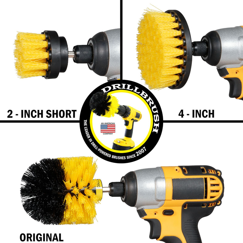 Images of the Drillbrush 2 inch Short, 4 inch, and Original Medium Yellow Bathroom Brushes in cordless drills.