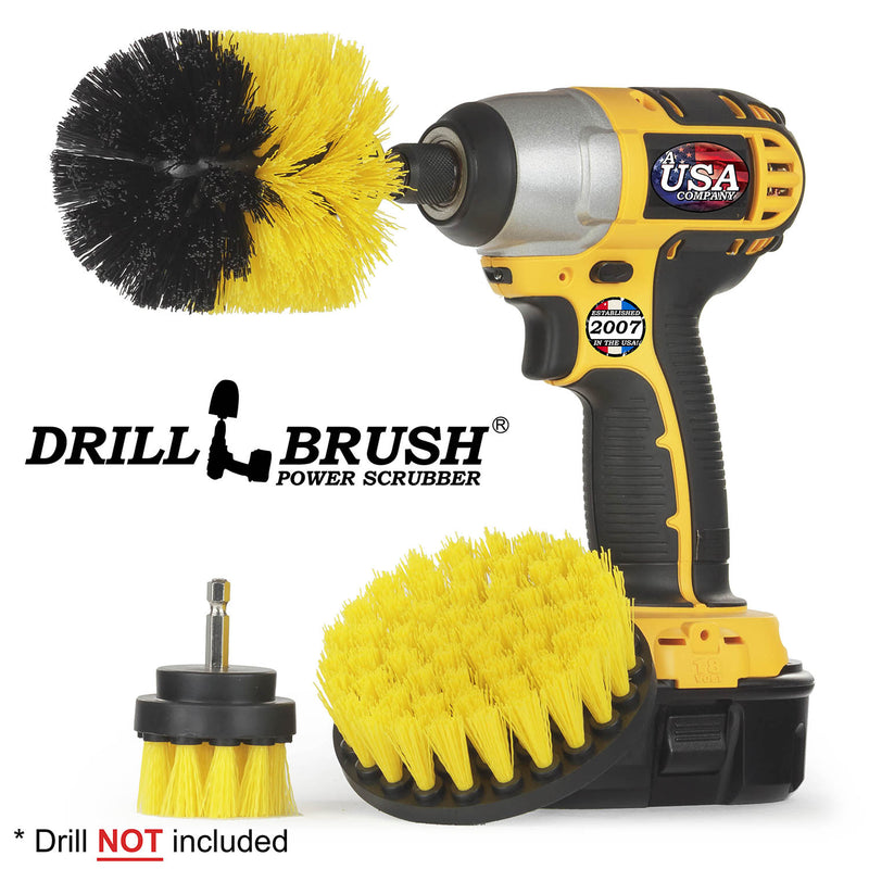 Drillbrush 42O Medium Yellow Bathroom Brush Kit with an Original brush in a cordless drill.