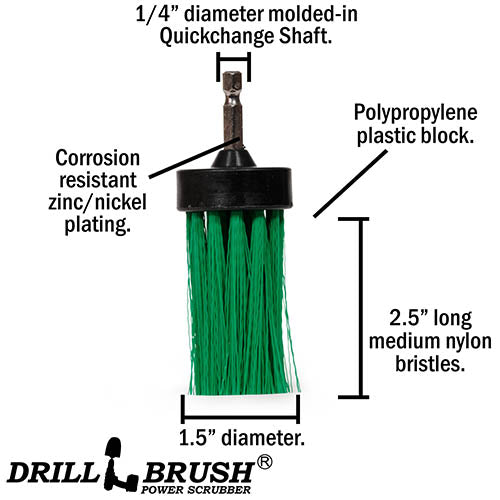 1in Green Brush - Medium Stiffness - Long Bristles - Kitchen Spot Cleaning | 1in-L-G-QC-DB