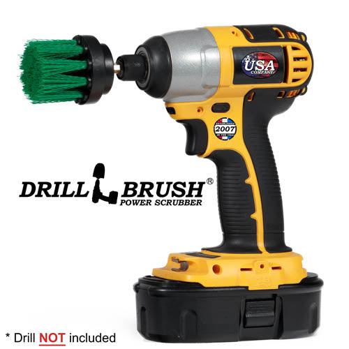 Drillbrush 2 inch LongMedium Green Kitchen Brush in a cordless drill.