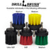 The Medium Blue, Medium Yellow, Ultra Stiff Black, Stiff Red, and Medium Green stacked on top of each other.