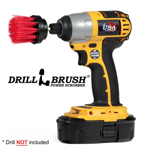 Drillbrush 2 inch Long Stiff Red Outdoor & Patio Brush in a cordless drill.