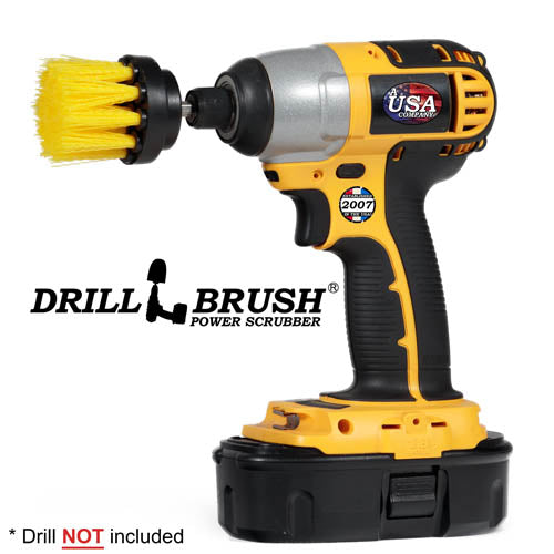 Drillbrush 2 inch Long Medium Yellow Bathroom Brush in a cordless drill.