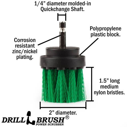 Specs for the Drillbrush 2 inch Long Medium Green Kitchen Brush.