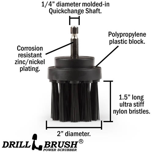 Specs for the Drillbrush 2 inch Long Ultra Stiff Black Grill & Industrial Brush.