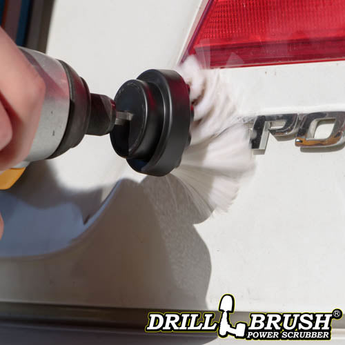 Drillbrush 2 inch Short Long White Home & Auto Brush cleaning a tire.