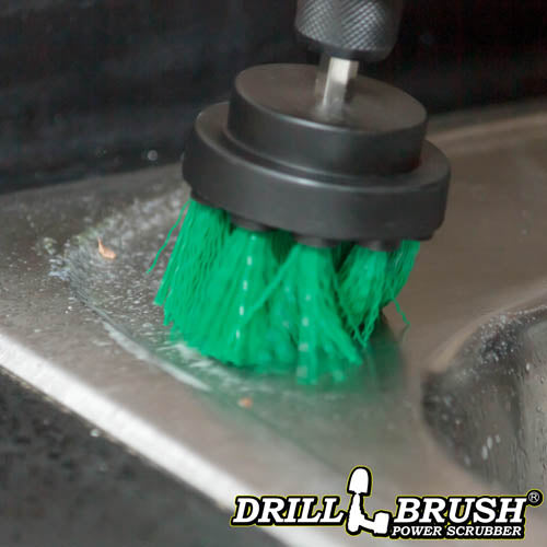 Drillbrush 2 inch Short Medium Green Kitchen Brush cleaning around a sink.