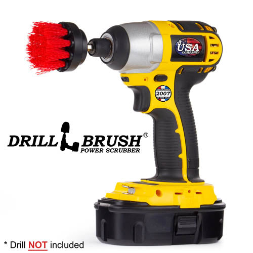 Drillbrush 2 inch Short Stiff Red Outdoor & Patio Brush in a cordless drill.