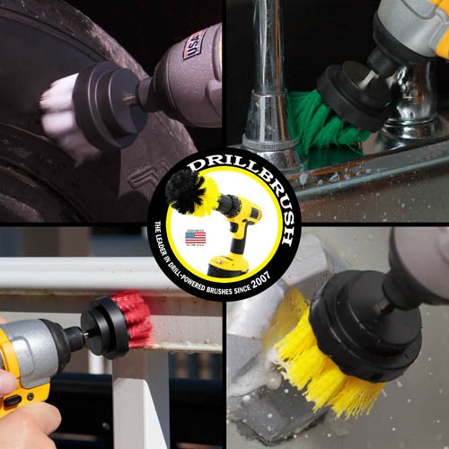 Action shots of a Soft White 2 inch Short Drillbrush cleaning a tire, a Medium Yellow 2 inch Short Drillbrush cleaning an overflow plate , a Medium Green 2 inch Short Drillbrush cleaning a sink fixture, and a Stiff Red 2 inch Short Drillbrush cleaning deck railings.