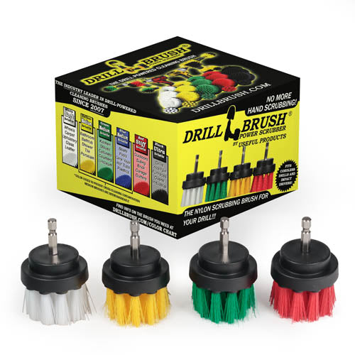 The Drillbrush Soft White, Medium Yellow, Medium Green, and Stiff Red 2 inch Short 4-piece Variety Brush Kit in front of the box it comes in.