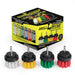 The Drillbrush Soft White, Medium Yellow, Medium Green, and Stiff Red 2 inch Short 4-piece Variety Brush Kit in front of the box it comes in.