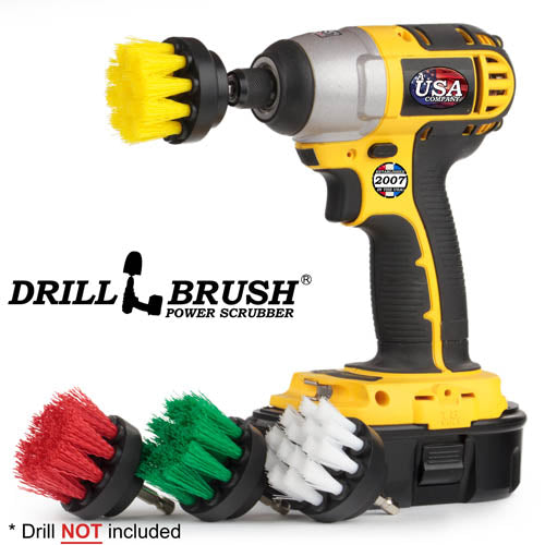 Drillbrush Soft White, Medium Yellow, Medium Green, and Stiff Red 2 inch Short 4-piece Variety Brush Kit with a Yellow 2 inch Short brush in a cordless drill.