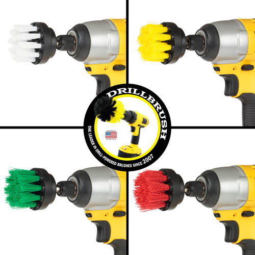 Images of the Drillbrush Soft White, Medium Yellow, Medium Green, and Stiff Red 2 inch Short brushes in cordless drills.