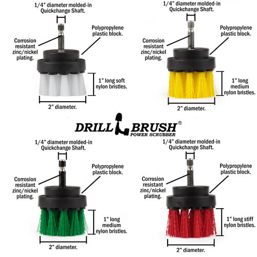 Specs for the Drillbrush Soft White, Medium Yellow, Medium Green, and Stiff Red 2 inch Short 4-piece Variety Brush Kit.