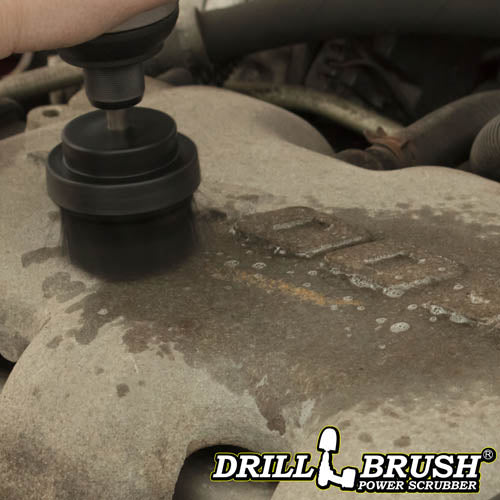 Drillbrush 2 inch Short Ultra Stiff Black Grill & Industrial Brush cleaning an engine block.